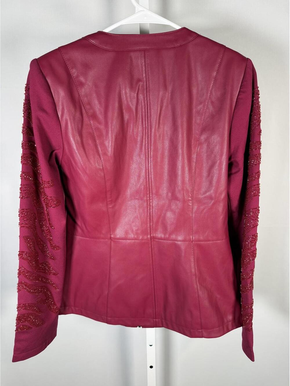 NWT Colleen Lopez Beaded Mesh Sleeve Faux Leather Moto Jacket Size Large - Picture 4 of 7